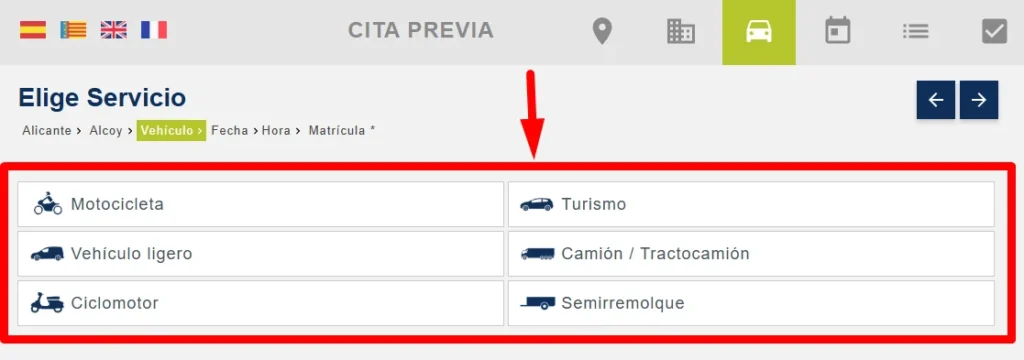 Selecciona tipo de vehiculo